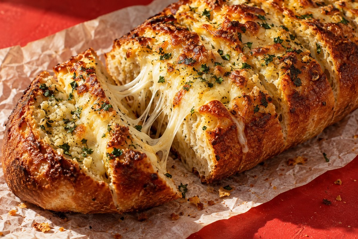 Golden cheesy garlic bread pulled apart with melted cheese stretching between slices